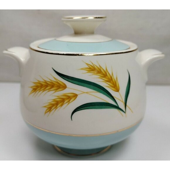 Vintage Blue Viking Wheat Gold Trim Ceramic Sugar Bowl Candle Holder With Lid - Picture 3 of 9